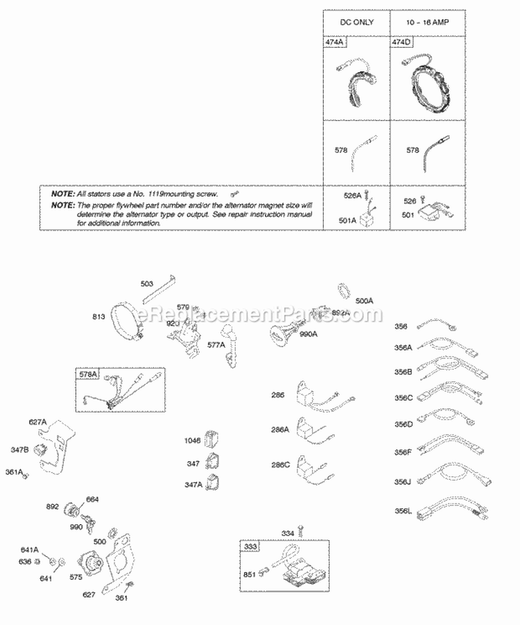 Alternator Ignition Diagram and Parts List for 204412-0156-E1  Briggs and Stratton Engine